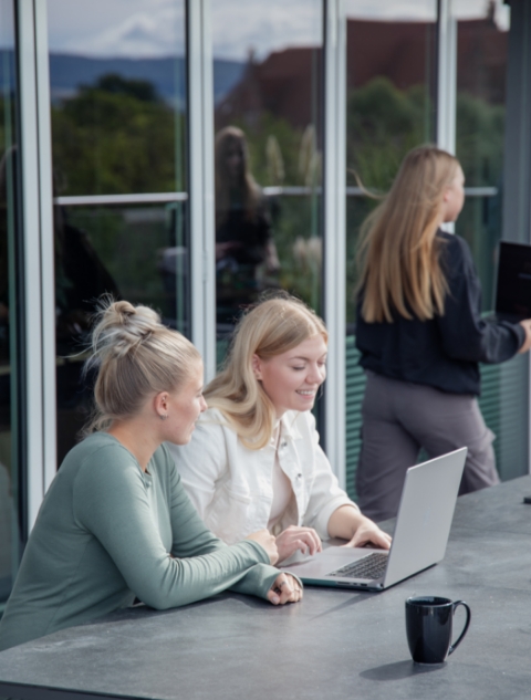 Equipo que se sienta a la mesa en la terraza y se ríe